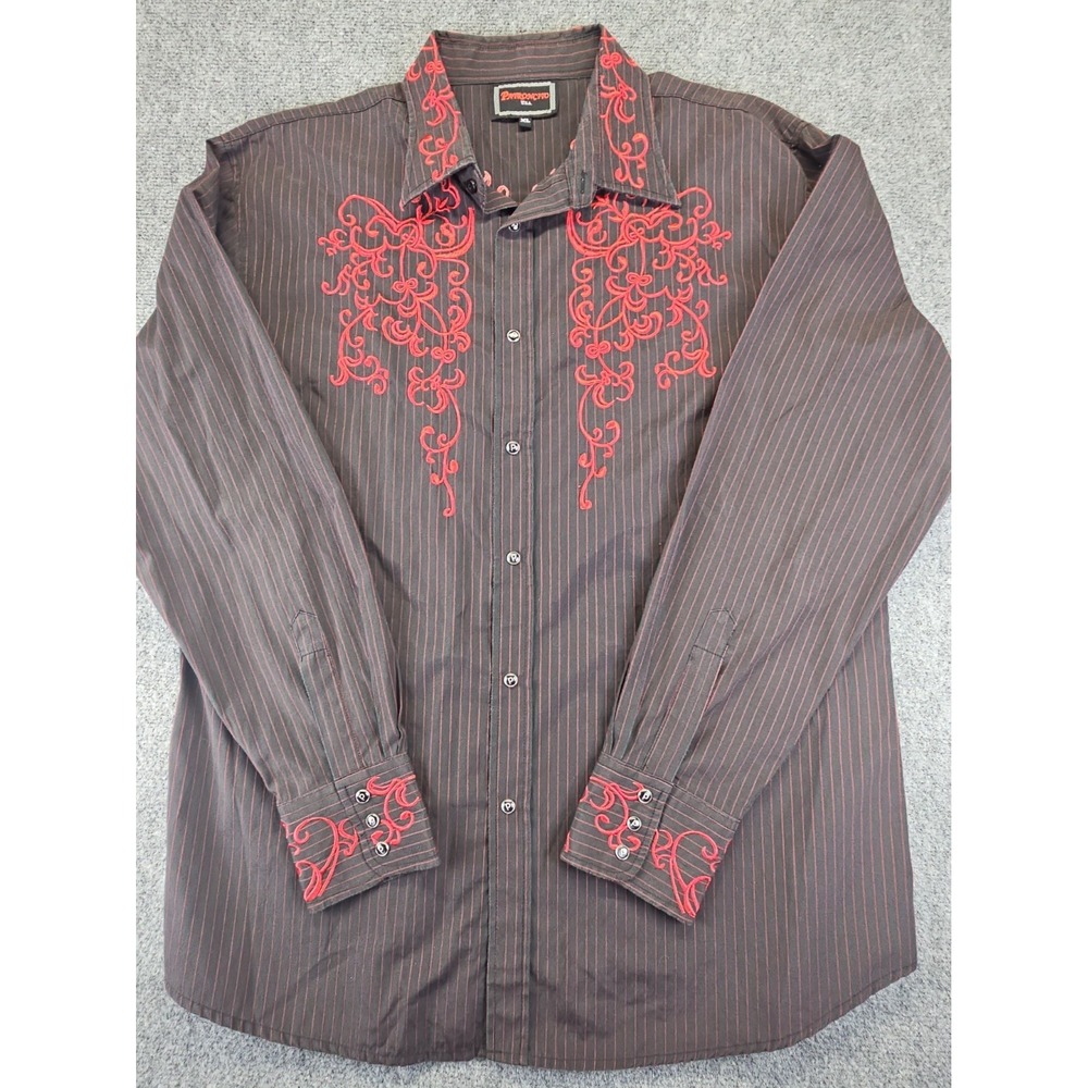 Patroncito Western Mens XL Shirt Black Red Pinstripe Embroidered Designs 1722